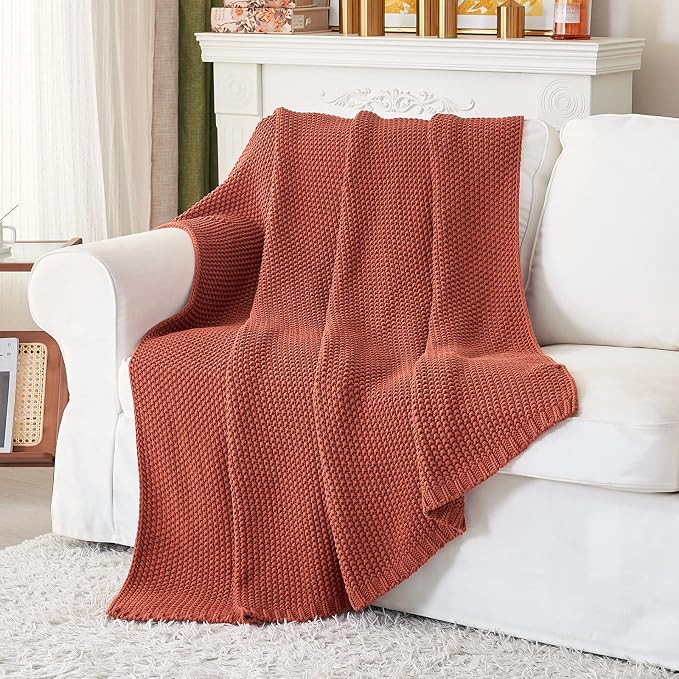 Chunky Cable Knit Throw Blanket Lightweight Rust 100% Organic Cotton Blanket - Image 8