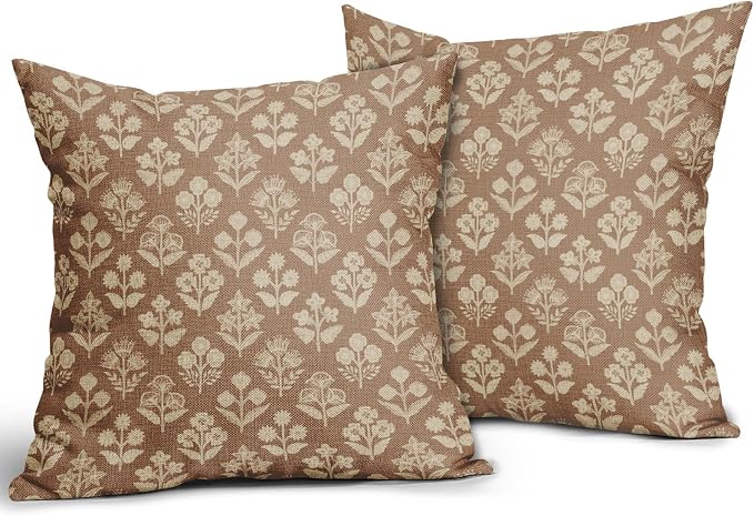 Brown Floral Pillow Covers 22x22 Inch Set of 2, Vintage Flower Block Pattern - Image 2