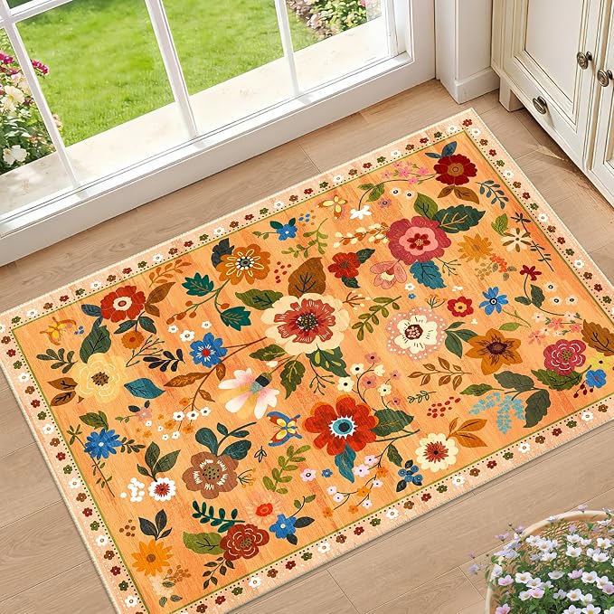 RELEANY Floral Nursery 2x3 Area Rugs Washable Print Boho Cute Carpet Non Slip by RELEANY