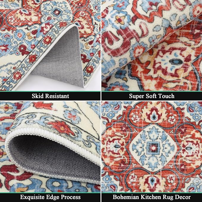 HEBE Farmhouse Kitchen Rugs Sets of 3 Non Slip Washable Boho Kitchen Rugs and - Image 3