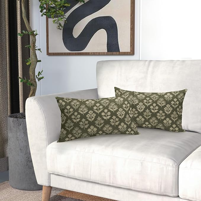 Olive Green Pillow Covers 12x20 Inch Set of 2, Cream Floral Block Print Pattern - Image 6
