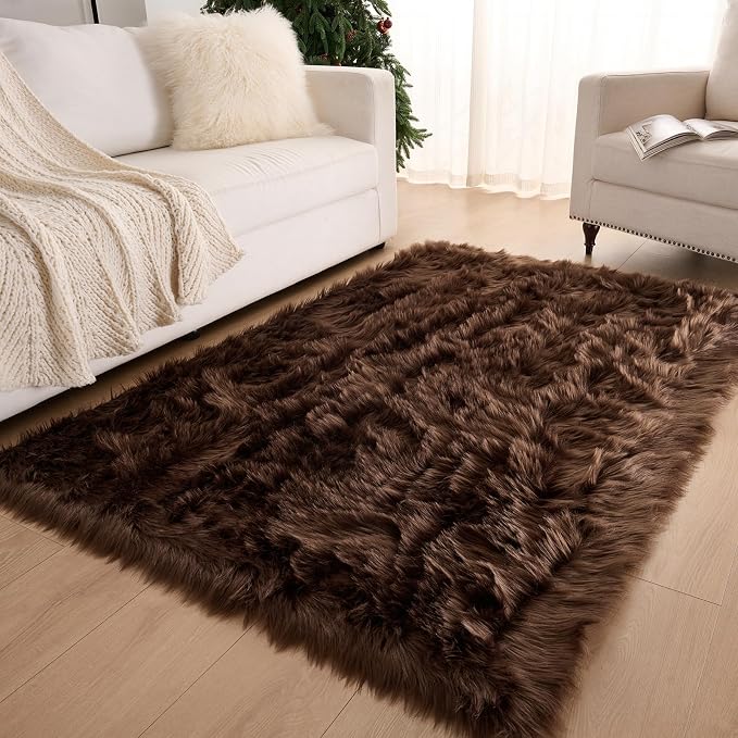 Fluffy Faux Fur Rug Coffee Sheepskin Area Rug, 3x5 Ft Ultra Soft Shaggy Plush - Image 3