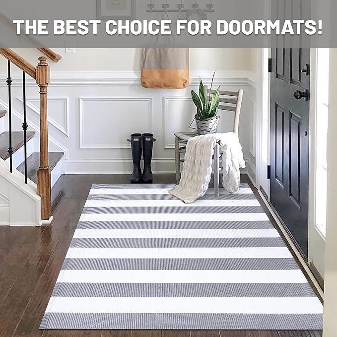 IOHOUZE Grey White Striped Rug -3X5 Front Door Mats Outdoor, Washable Rug - Image 9