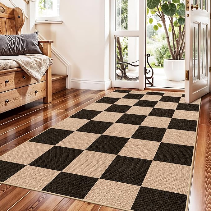 Checkered 3x5 No Shed Jute Rug: Machine Washable Non Slip Rugs by BYYVOORugsforYourHome