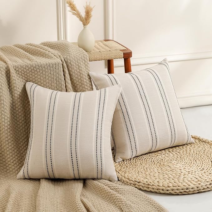 Hckot Decorative Pillow Covers 18x18 Striped Throw Pillows Textured Linen - Image 3