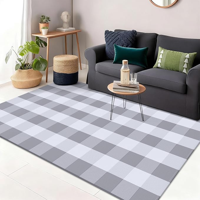 OLANLY Buffalo Plaid Rug 3' x 5' – Grey and White Cotton Checkered Doormat by OLANLY