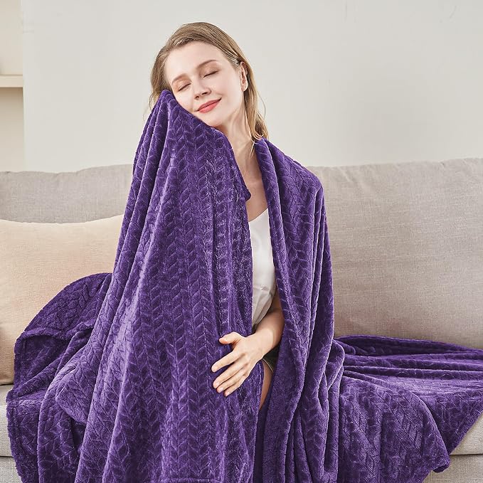 inhand Purple Fleece Twin Blanket, Super Soft Flannel Leaves Pattern Fuzzy - Image 6
