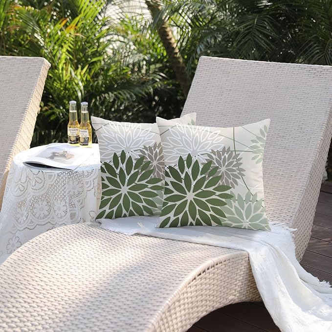 Dark Light Green and Grey Floral Pillow Covers 18x18 Set of 2 Outdoor Pillows - Image 5