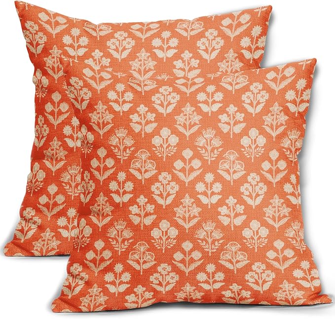 Orange Floral Pillow Covers 22x22 Inch Set of 2, Vintage Flower Block Print by Sivirary