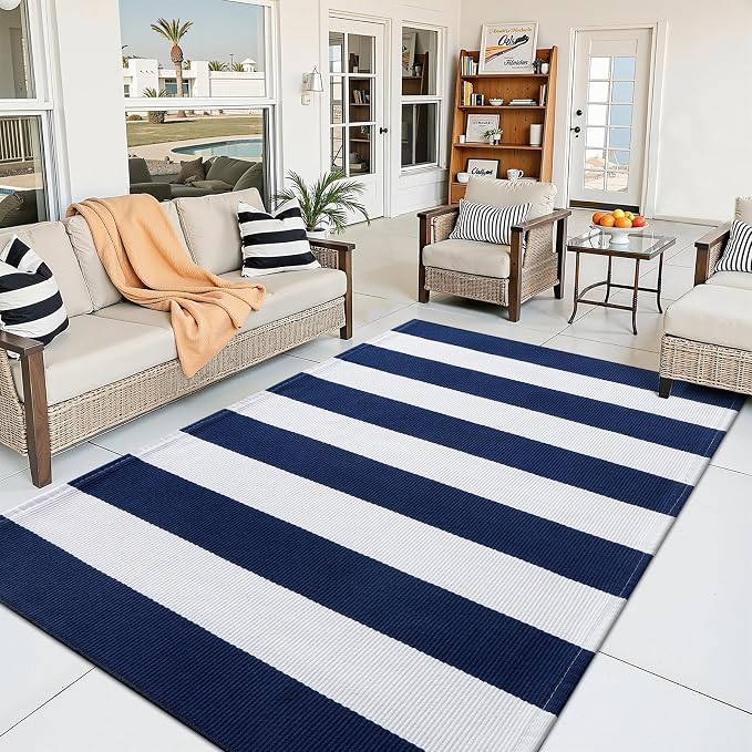 OLANLY Navy and White Striped Rug 3' x 5' – Washable Cotton Indoor Outdoor - Image 4