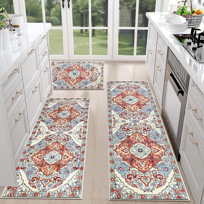 HEBE Farmhouse Kitchen Rugs Sets of 3 Non Slip Washable Boho Kitchen Rugs and by HEBE