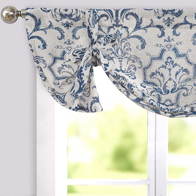 jinchan Linen Tie Up Valance for Flax Floral Drapes Vintage Farmhouse Medallion by JINCHAN