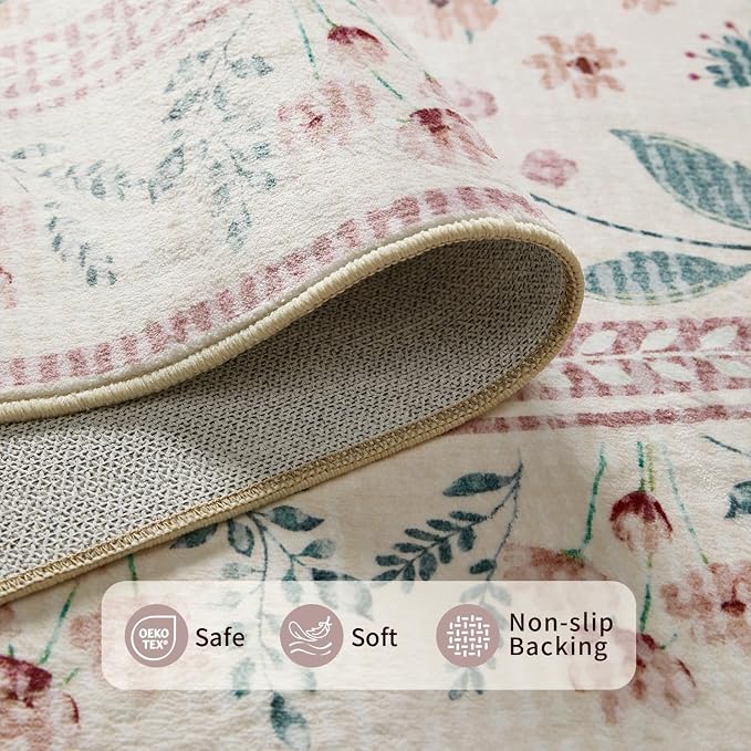 Rugxara Pink Rug for Living Room Bedroom, 5x7 Washable Floral Rug, Vintage Boho - Image 5