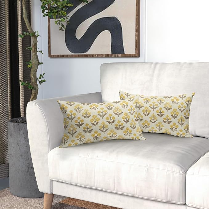 Brown Yellow Floral Pillow Covers 12x20 Inch Set of 2, Block Print Lumbar - Image 6