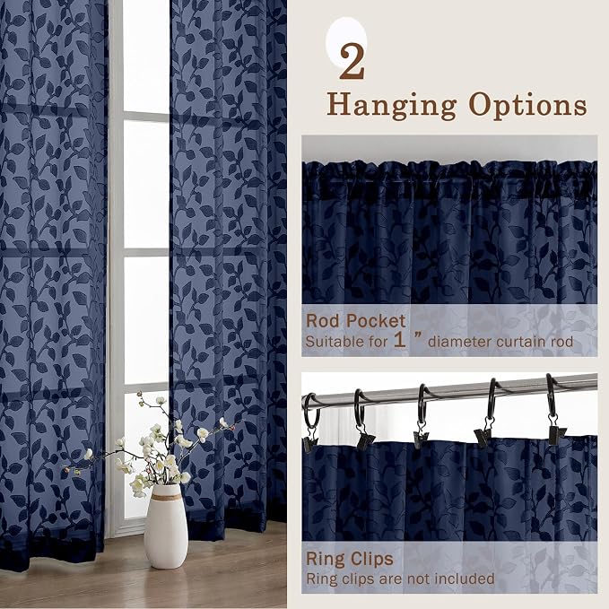 Chyhomenyc Navy Blue Sheer Curtains 24 Inch Length, Light Filtering Leaf Tufted - Image 7