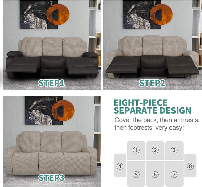 YEMYHOM 8 Pieces Stretch Recliner Sofa Cover Latest Jacquard Reclining Couch - Image 7