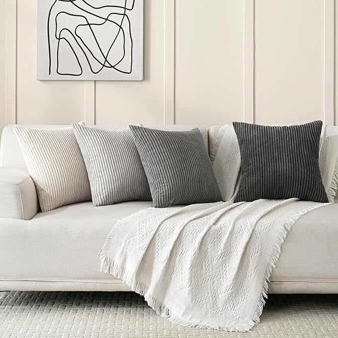 Volcanics Set of 4 Neutral Grey Corduroy Decorative Couch Throw Pillow Covers - Image 6