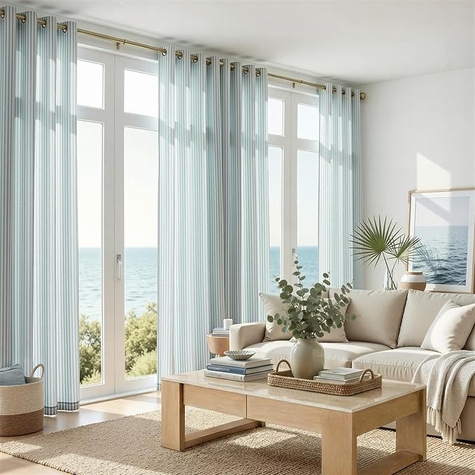 jinchan Linen Curtains for Living Room Aqua Blue Vertical Striped on White - Image 2