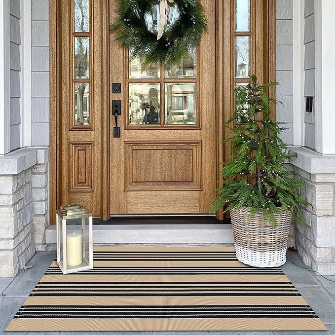KOZYFLY Striped Front Door Mat 2x3 Ft Brown and Black Cotton Washable Indoor by KOZYFLY