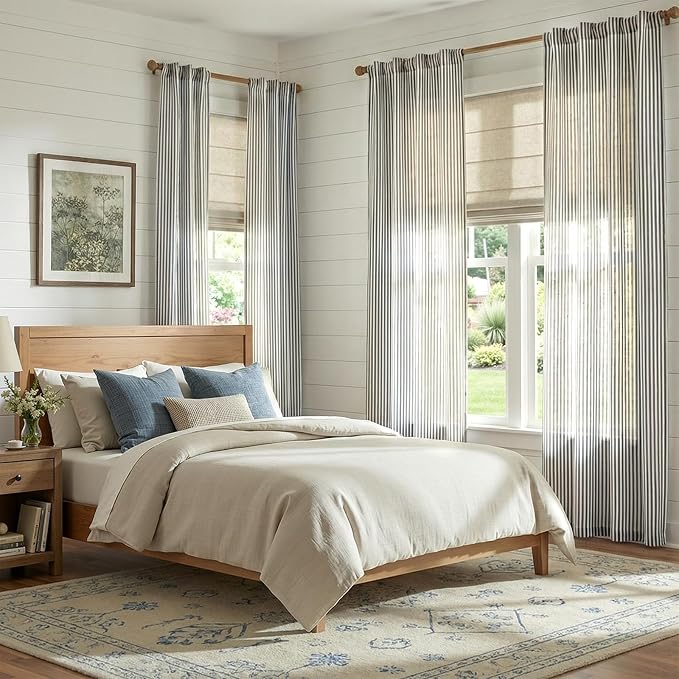jinchan Linen Curtains for Living Room Blue on Beige Striped Curtains for - Image 4
