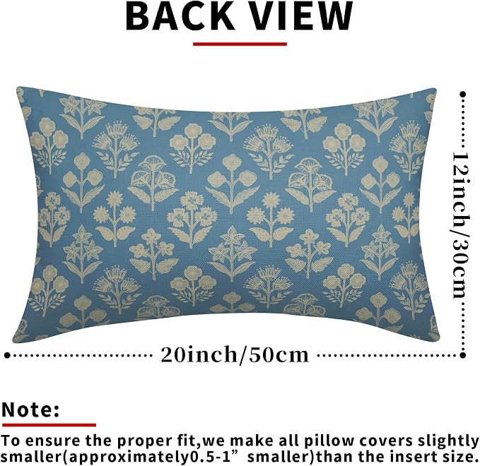 Light Blue Pillow Covers 12x20 Inch Set of 2, Cream Floral Block Print Pattern - Image 3