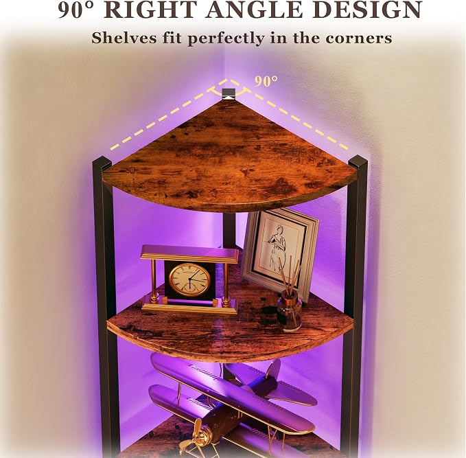 Corner Shelf with LED Lights, 6-Tier Corner Bookshelf, Rustic Brown - Image 4