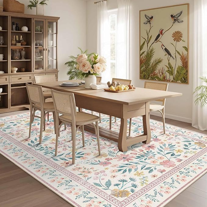 Rugxara Pink Rug for Living Room Bedroom, 5x7 Washable Floral Rug, Vintage Boho - Image 4