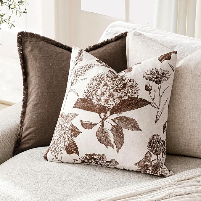 Foindtower Set of 2 Linen Floral Throw Pillow Covers Neutral Vintage Print - Image 4