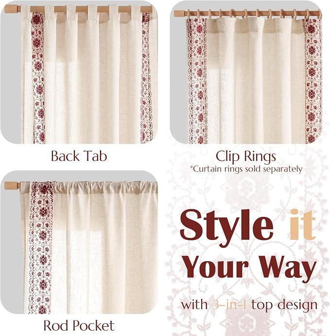 jinchan Boho Curtains for Bedroom Red Vintage Floral Farmhouse Curtains 63 Inch - Image 7