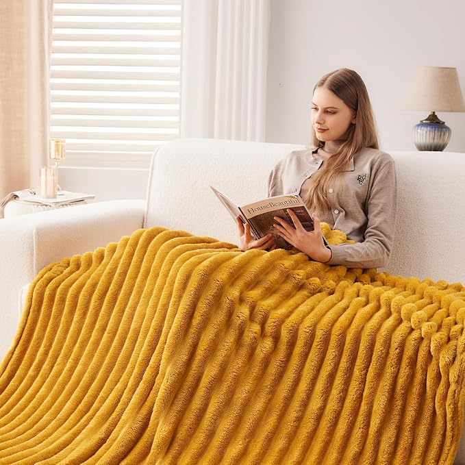 NEWCOSPLAY Super Soft King Blanket Mustard Yellow Premium Silky Flannel Fleece - Image 4