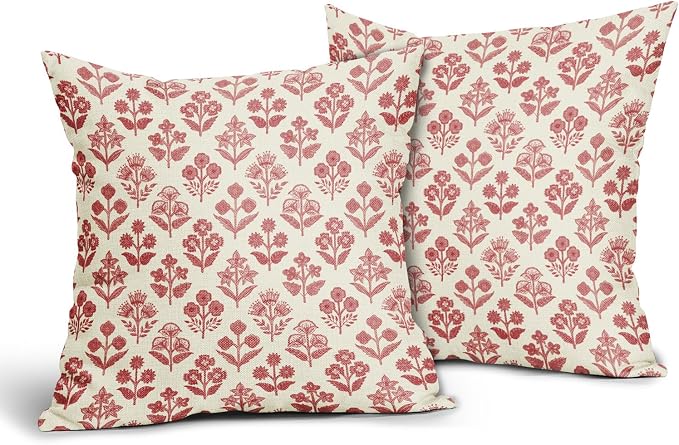 Red Pink Floral Block Print Pillow Covers 18x18 Inch Set of 2, Vintage Flower - Image 2