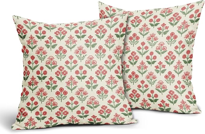 Red Green Christmas Floral Block Print Pillow Covers 20x20 Inch Set of 2 - Image 2