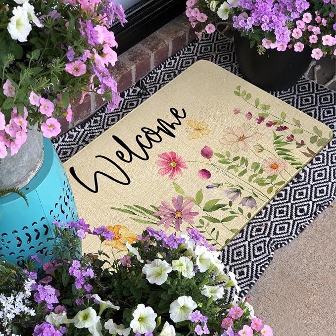 Spring Summer Door Mat, Flower Floral Butterfly Indoor Outdoor Non-Slip Doormat - Image 4