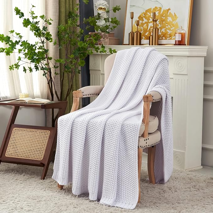 Chunky Cable Knit Throw Blanket Lightweight White 100% Organic Cotton Blanket - Image 3