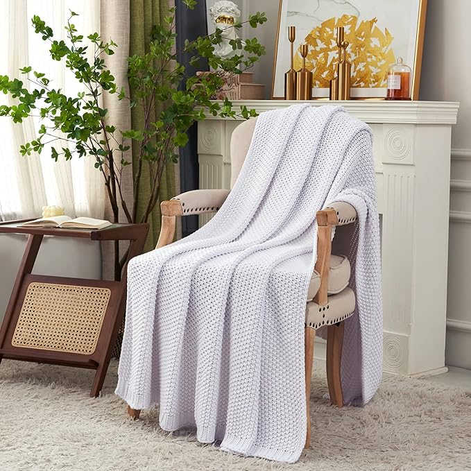 Chunky Cable Knit Throw Blanket Lightweight White 100% Organic Cotton Blanket - Image 3