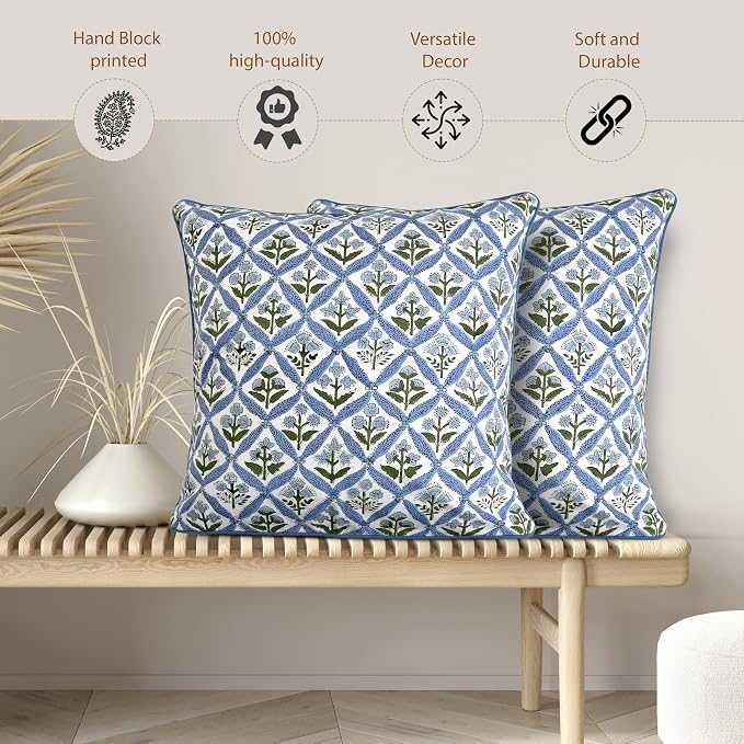 Ridhi Block Print Light Steel Blue Pillow Cover 18" x 18" Decorative Couch - Image 7