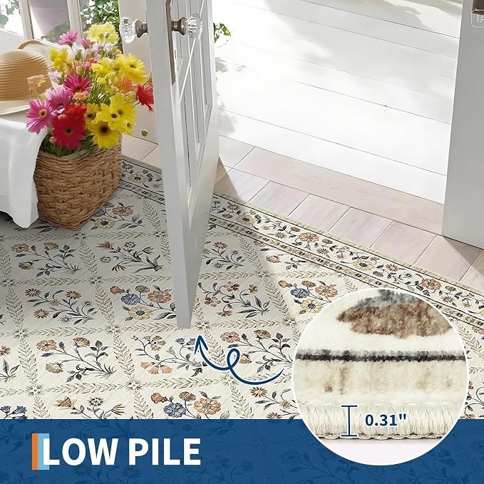 Large Entryway Rug 3x5 Floral Washable Area Rugs Vintage Soft Non-Slip Small - Image 6