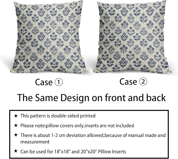 Dark Blue Floral Pillow Covers 18x18 Inch Set of 2, Vintage Flower Block Print - Image 6