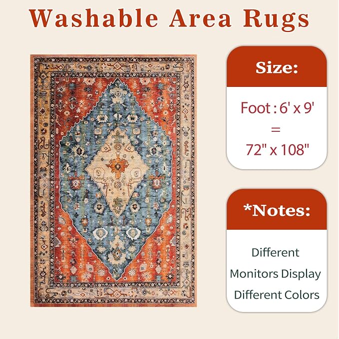 SERISSA Washable Rugs 6x9 Area Rugs, Large Non-Slip Boho Living Room Rug - Image 6