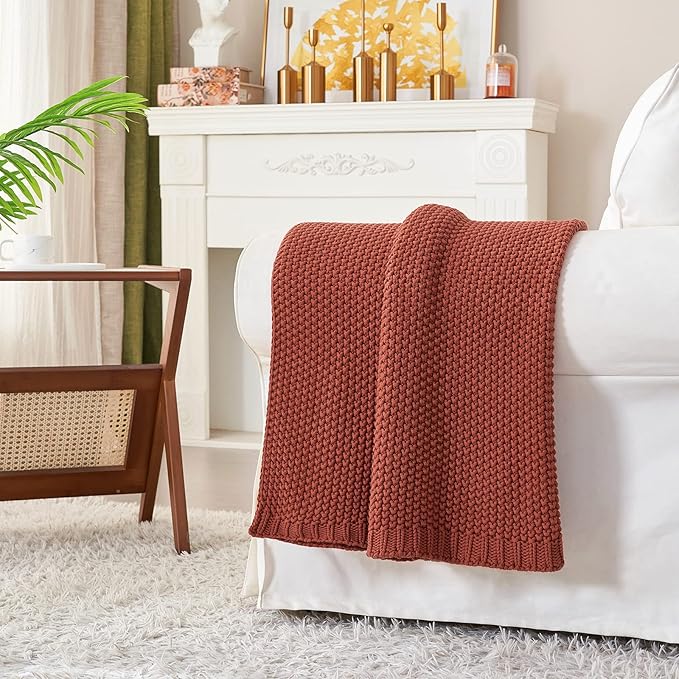 Longhui bedding Chunky Cable Knit Throw Blanket Lightweight Rust 100% Organic - Image 2