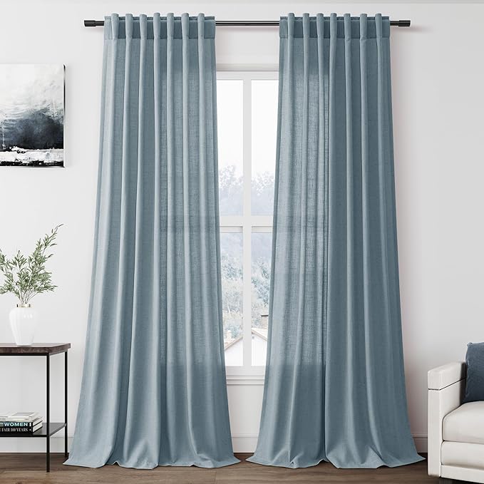 Light Blue Linen Curtains 90 Inch Long 2 Panels Set by Nanspring