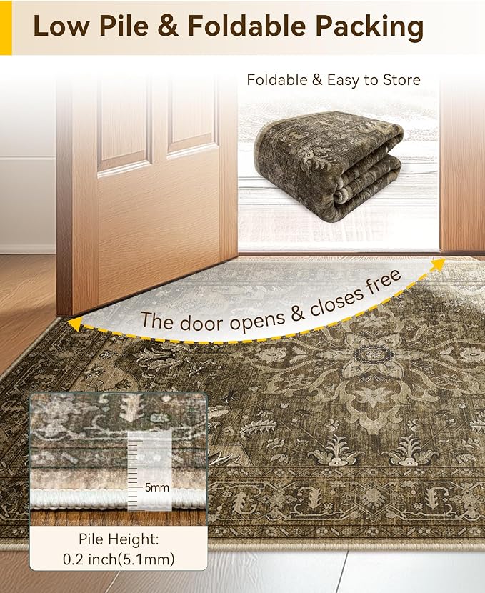 Area Rugs 8'x10' Washable Non-Slip, Floral Vintage Distress Print Pattern - Image 4