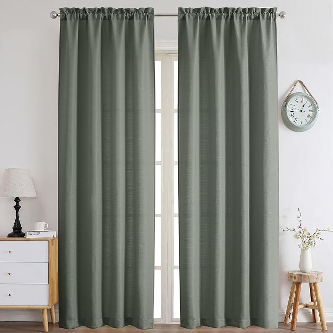 Chyhomenyc Olive Green Curtains 90 Inch Length 2 Panels Set, Faux Linen - Image 2
