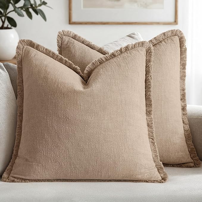MIULEE Decorative Throw Pillow Covers Neutral Linen Fringe Throw Pillows Set of by MIULEE
