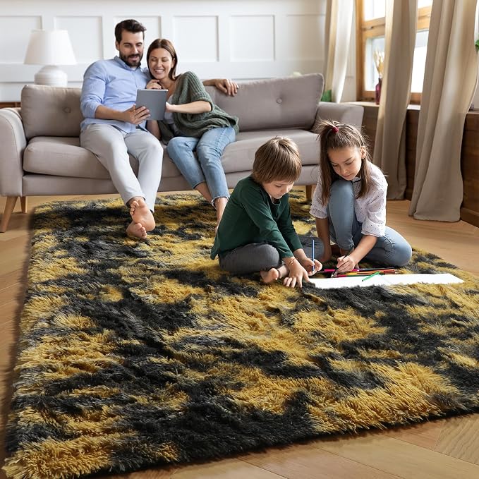 PAGISOFE Black and Yellow Fluffy Shag Area Rugs - Image 3