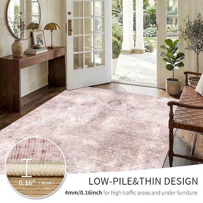 Vintage 5x7 Pink Rug, Washable Area Rugs - Image 7