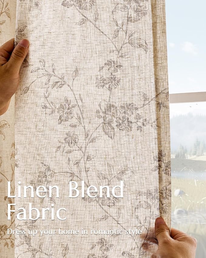 jinchan Linen Floral Curtains for Living Room 96 Inch Length Taupe Printed - Image 3