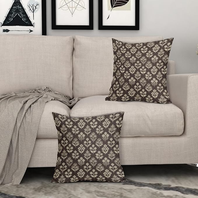 Dark Brown Floral Block Print Pillow Covers 20x20 Inch Set of 2, Vintage Flower - Image 3
