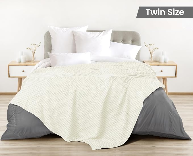 Utopia Bedding Ivory 100% Cotton Waffle Blanket 300 GSM Soft Lightweight - Image 3