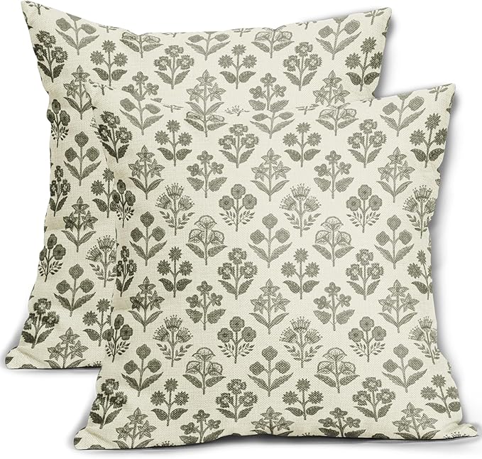 Olive Green Floral Pillow Covers 22x22 Inch Set of 2, Vintage Flower Block by Sivirary